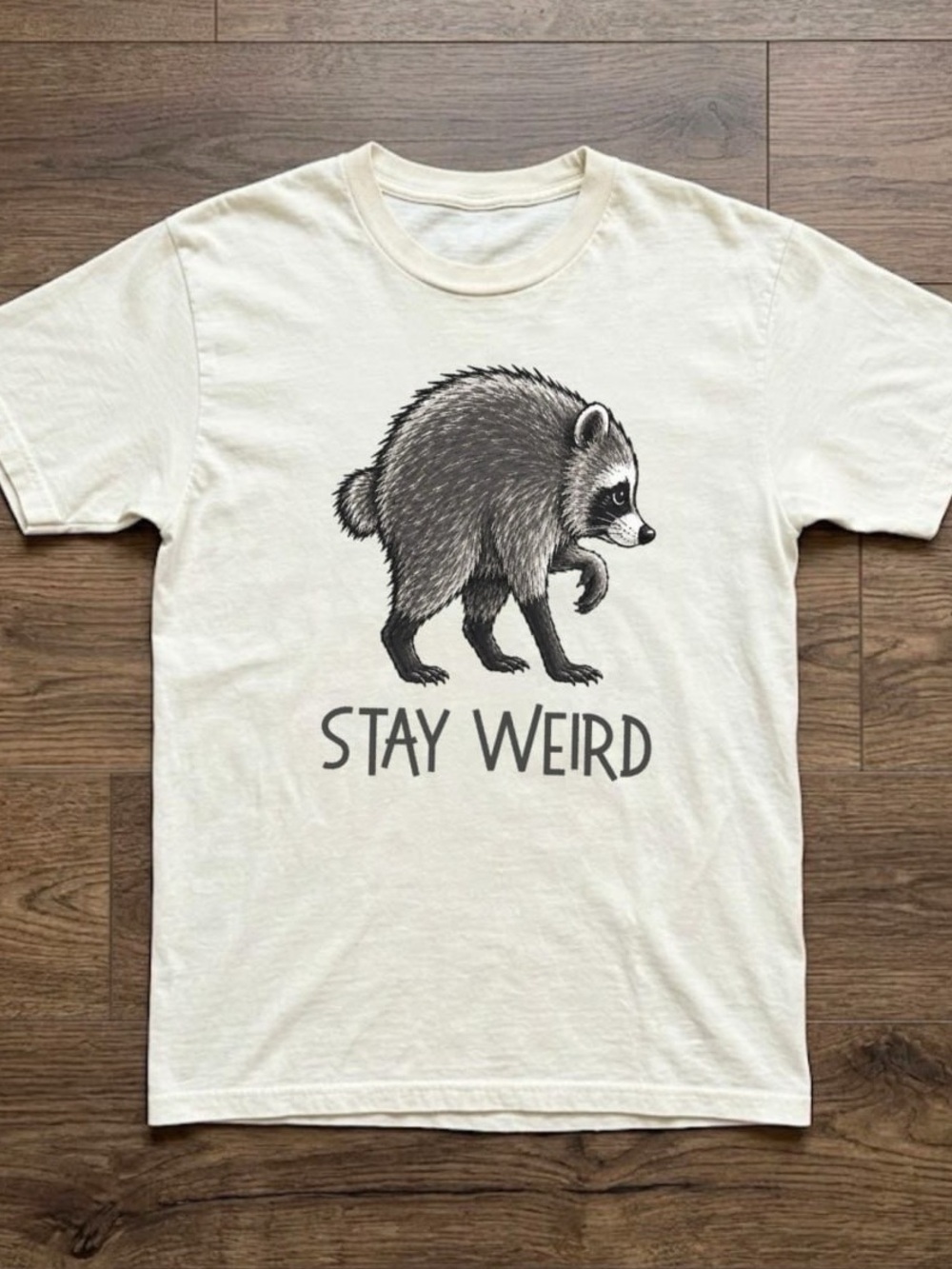 Gildan Short Sleeve Tee with Raccoon 'Stay Weird' Graphic